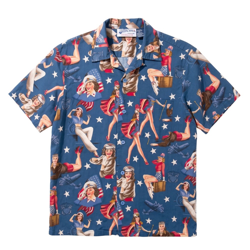Cruisin USA Blue Pinup Girl Military Patriotic Short Sleeve Shirt Mens Size M